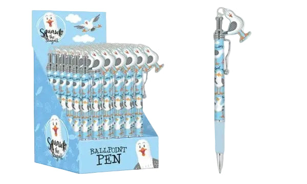 A display box containing ballpoint pens with seagull designs on them, alongside a single pen outside the box.
