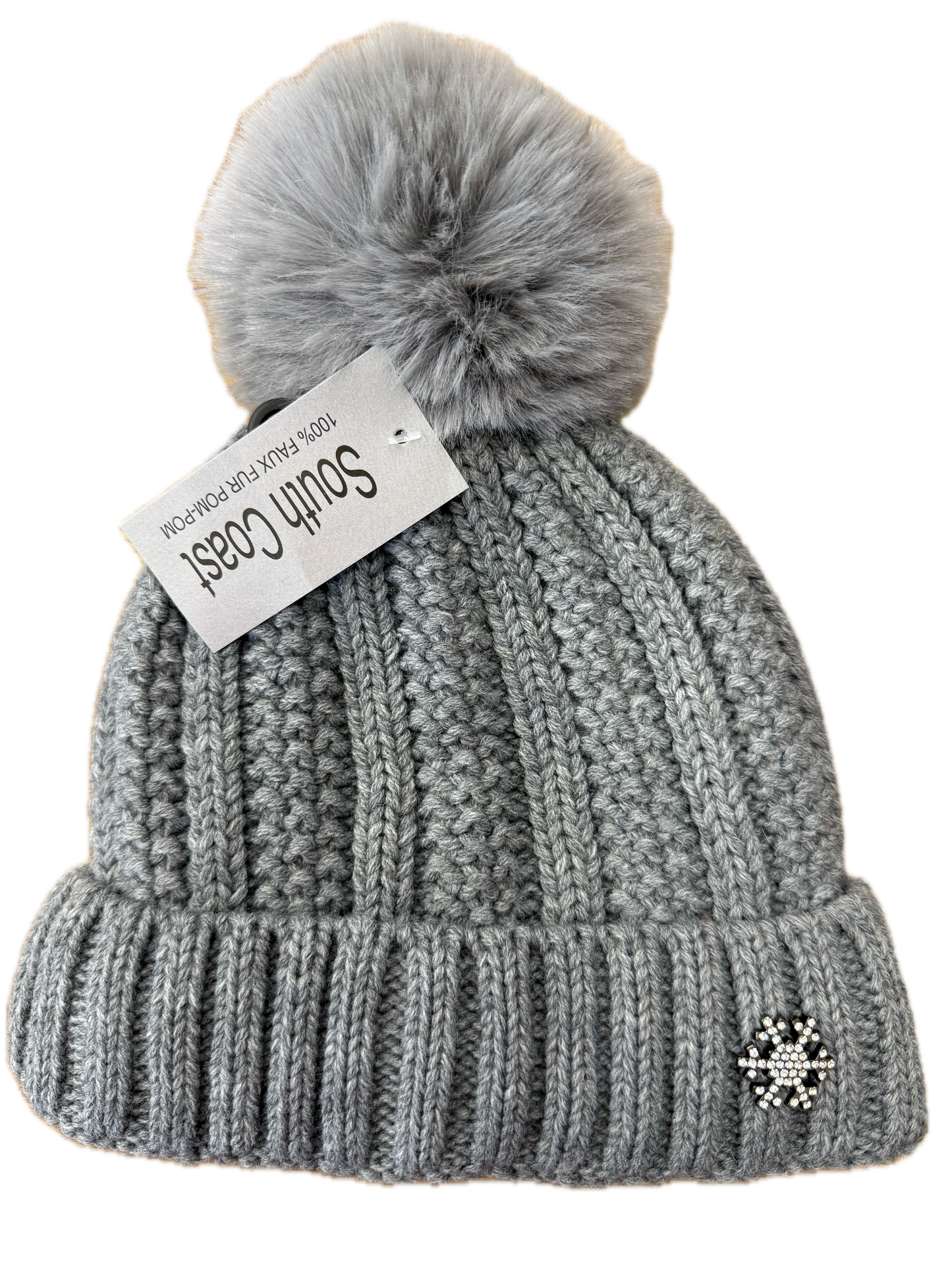 Chunky Knit Bobble Hat with Diamanté Snowflake Badge