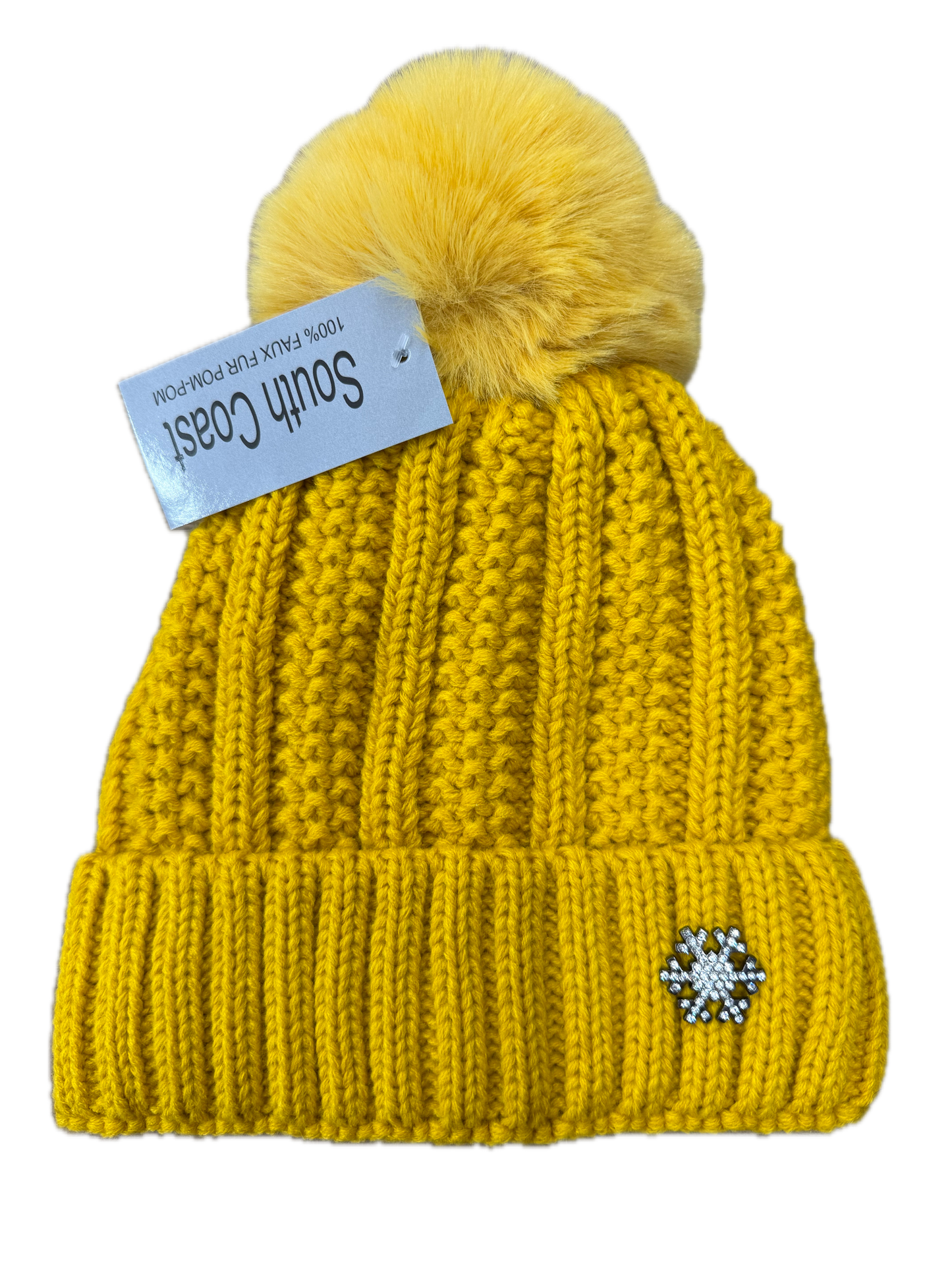 Chunky Knit Bobble Hat with Diamanté Snowflake Badge