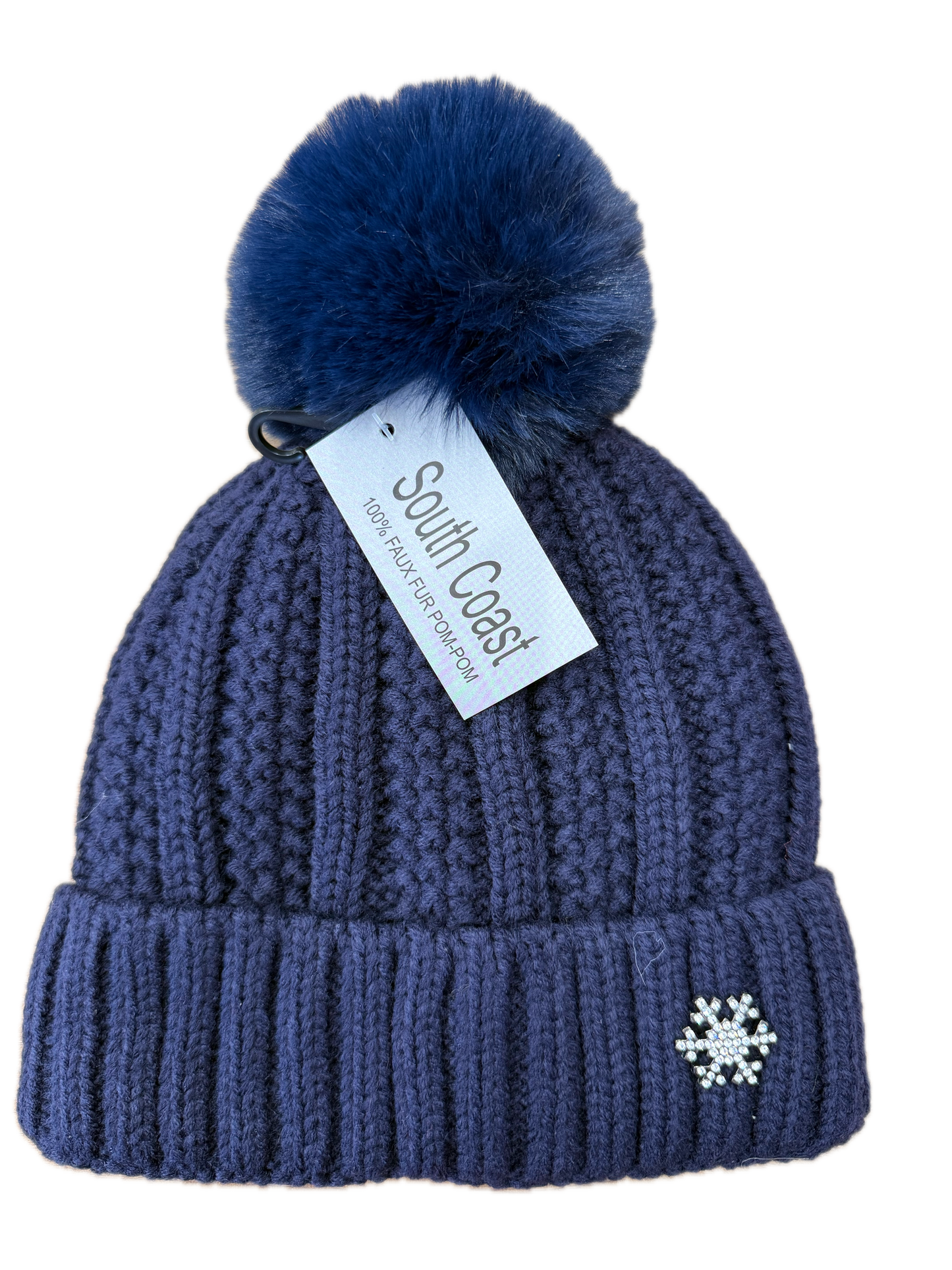 Chunky Knit Bobble Hat with Diamanté Snowflake Badge