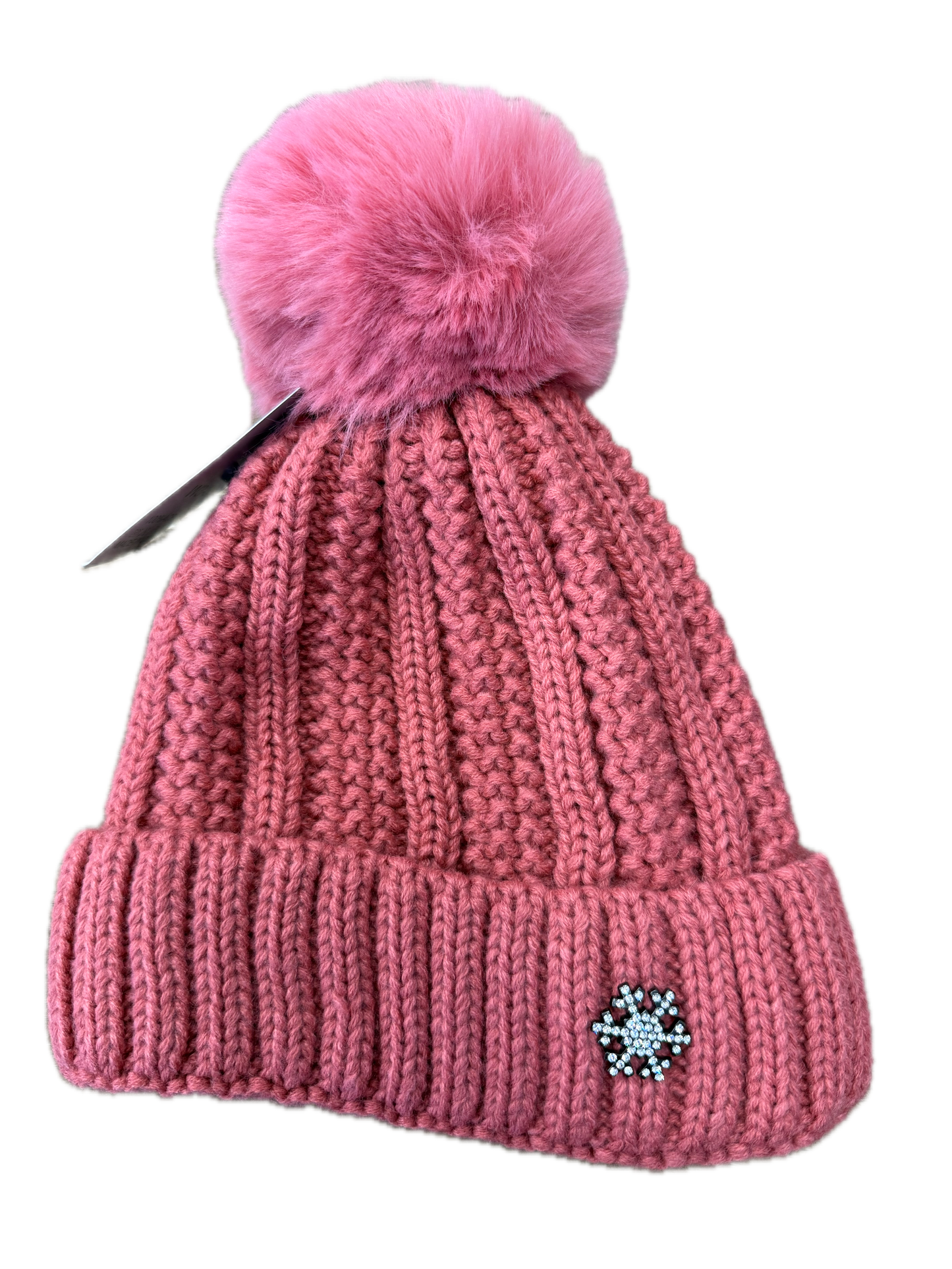 Chunky Knit Bobble Hat with Diamanté Snowflake Badge