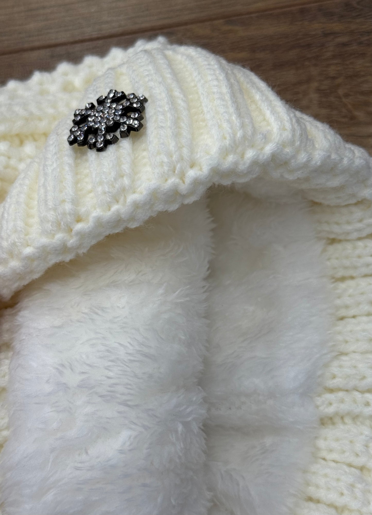 Chunky Knit Bobble Hat with Diamanté Snowflake Badge