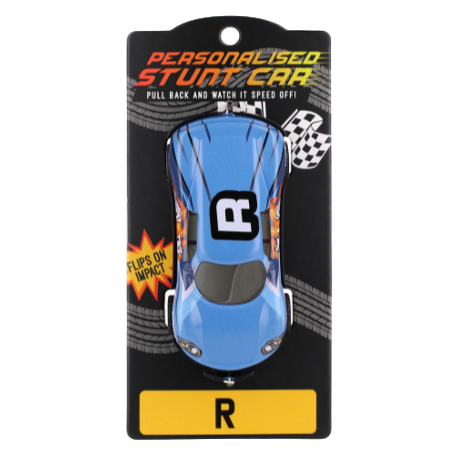 A personalized stunt toy car named 'R' in blue color, packaged on a black backing card with the name displayed prominently at the bottom.