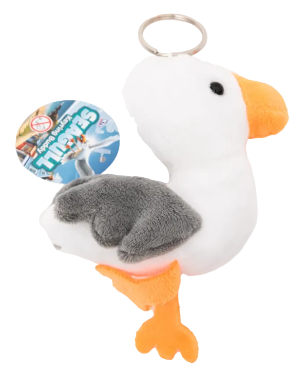 A plush seagull keyring with a white body, gray wings, orange beak and feet, and a metal keychain.