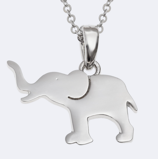 A silver elephant-shaped pendant on a trace chain, displayed against a white background.
