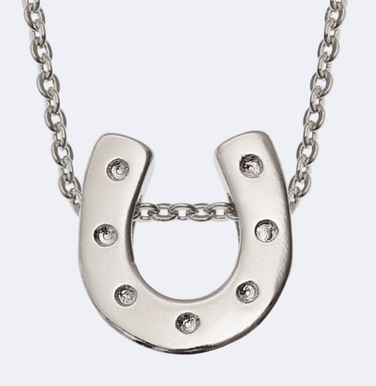 A silver-colored horseshoe-shaped pendant necklace with small inset stones, attached to a chain.