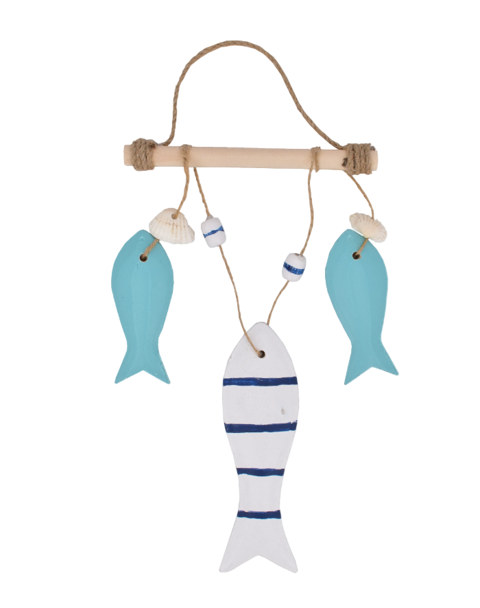A wooden wall hanger featuring three blue fish with different patterns, attached to a horizontal wooden rod with beads.