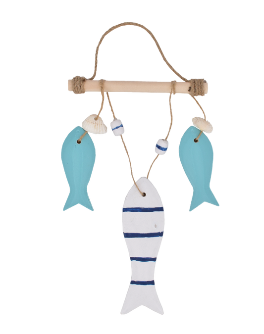 A wooden wall hanger featuring three blue fish with different patterns, attached to a horizontal wooden rod with beads.