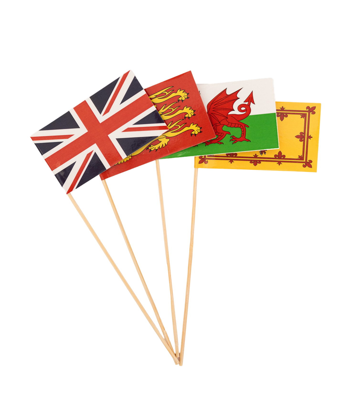 Set of British and Welsh flags on sticks against a white background