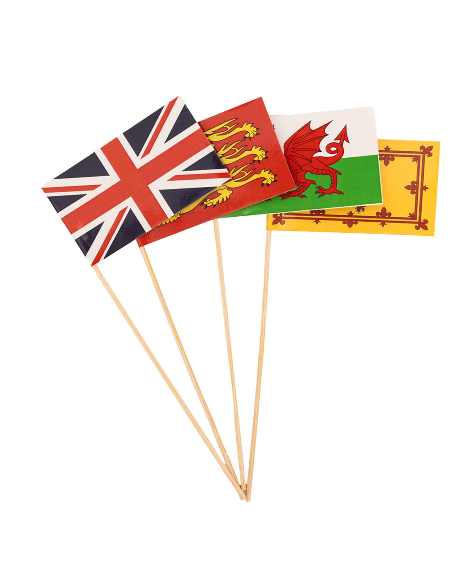 Set of British and Welsh flags on sticks against a white background