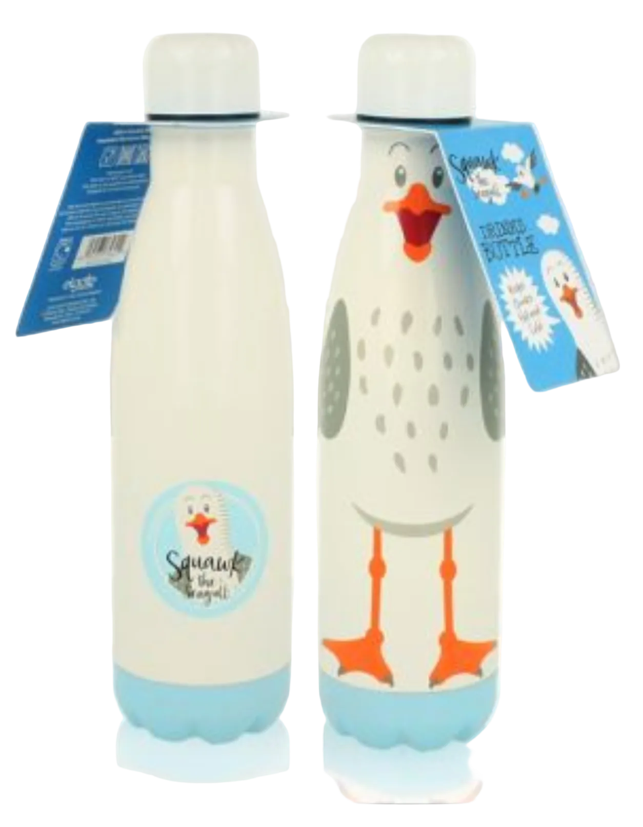 Two insulated bottles with cartoon seagull designs on a white background