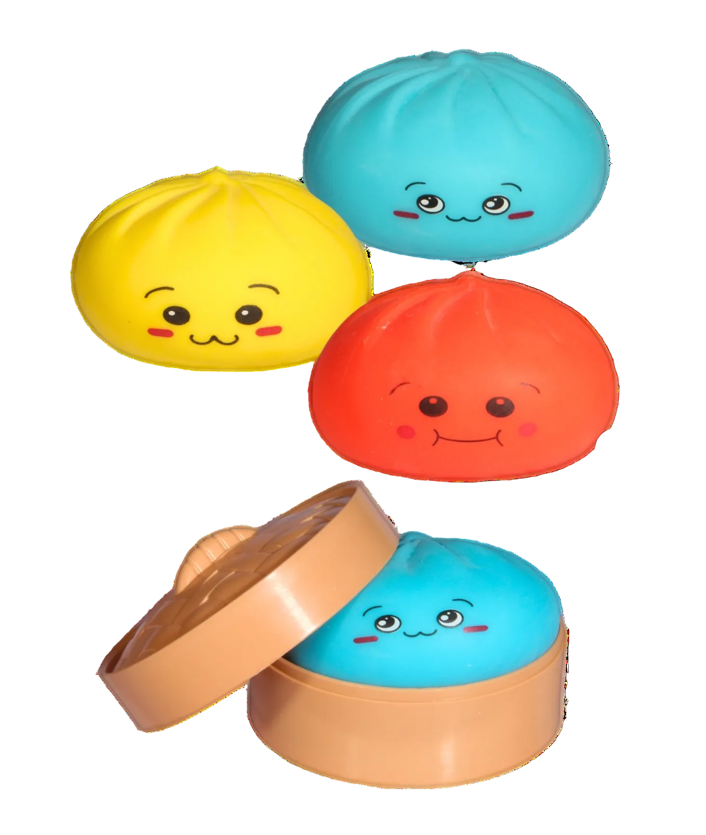 Colorful soft toys shaped like dumplings with faces on a white background