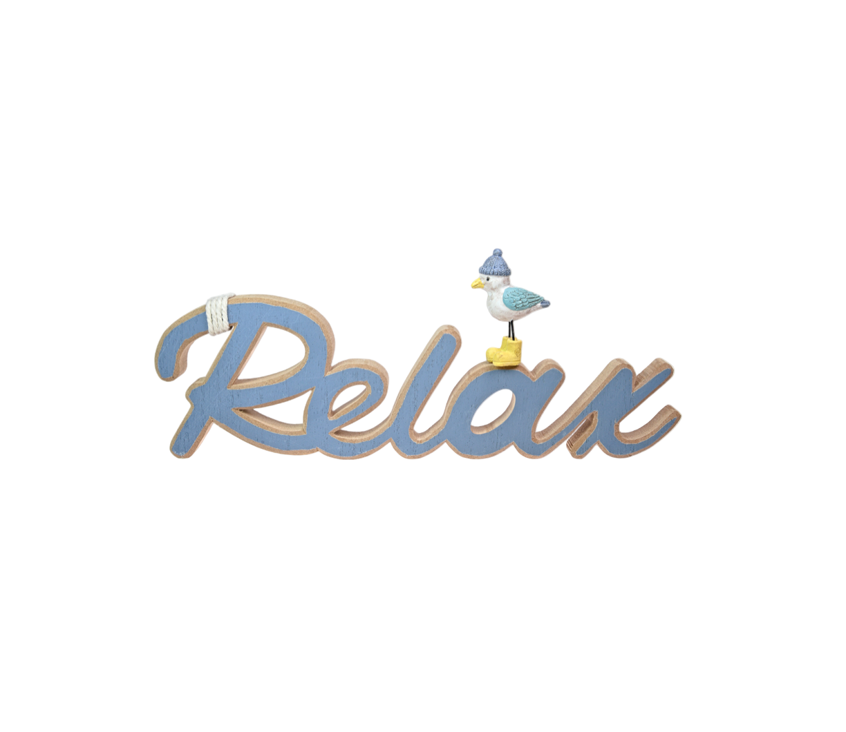 Decorative sign with the word 'Relax' and a bird figurine on a white background