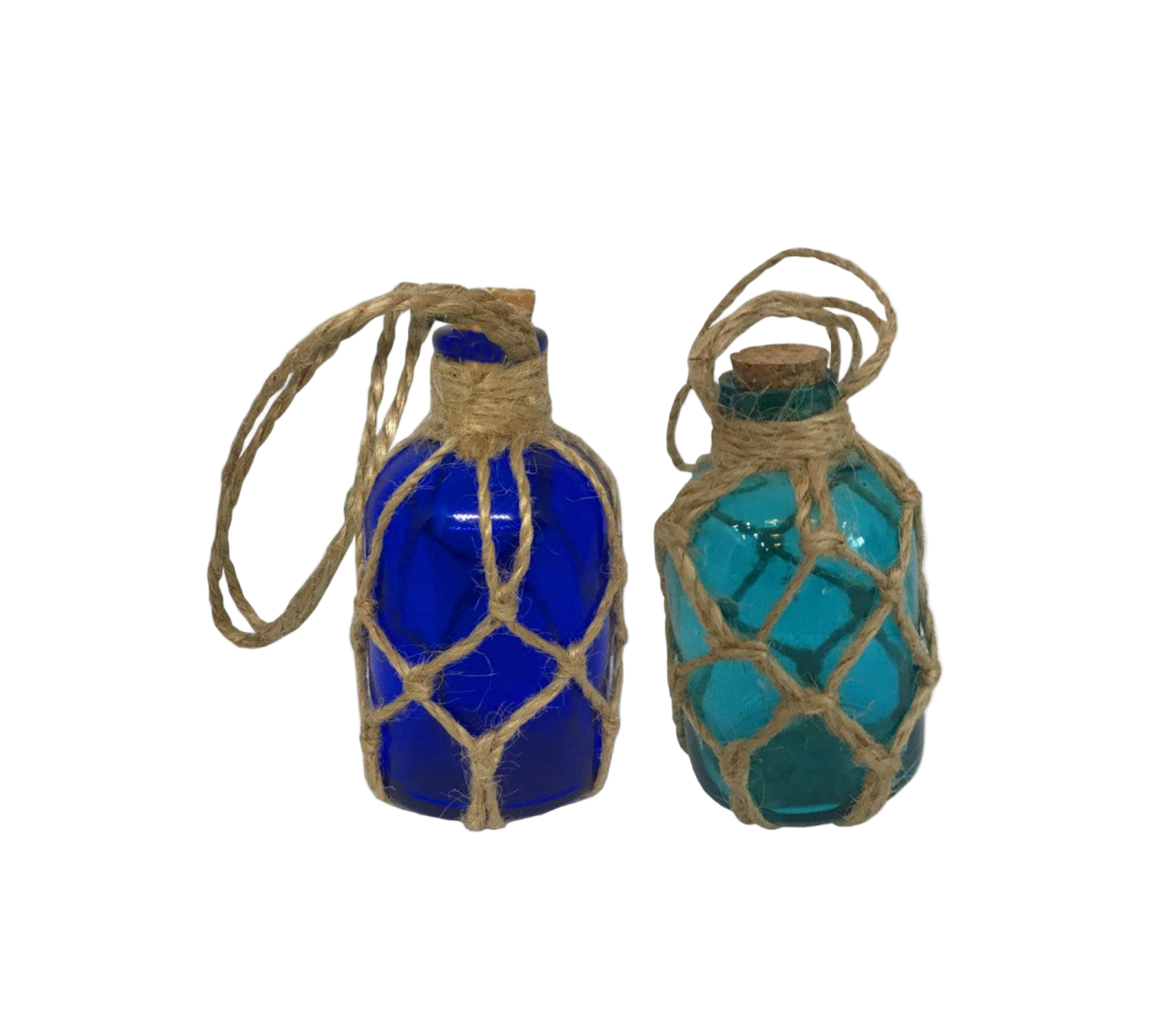 Two blue glass bottles with rope netting on a white background