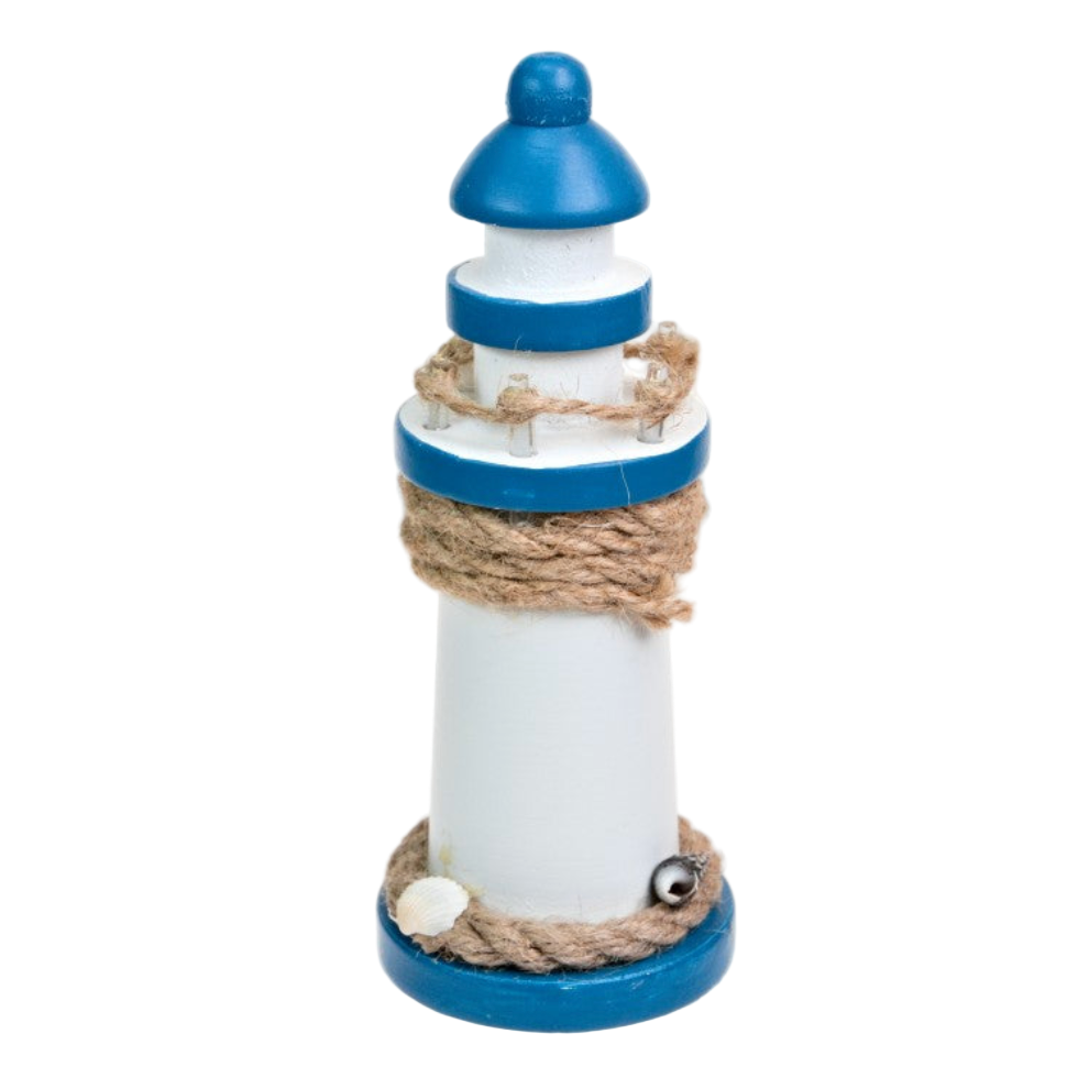 Decorative lighthouse figurine with blue and white colors on a white background