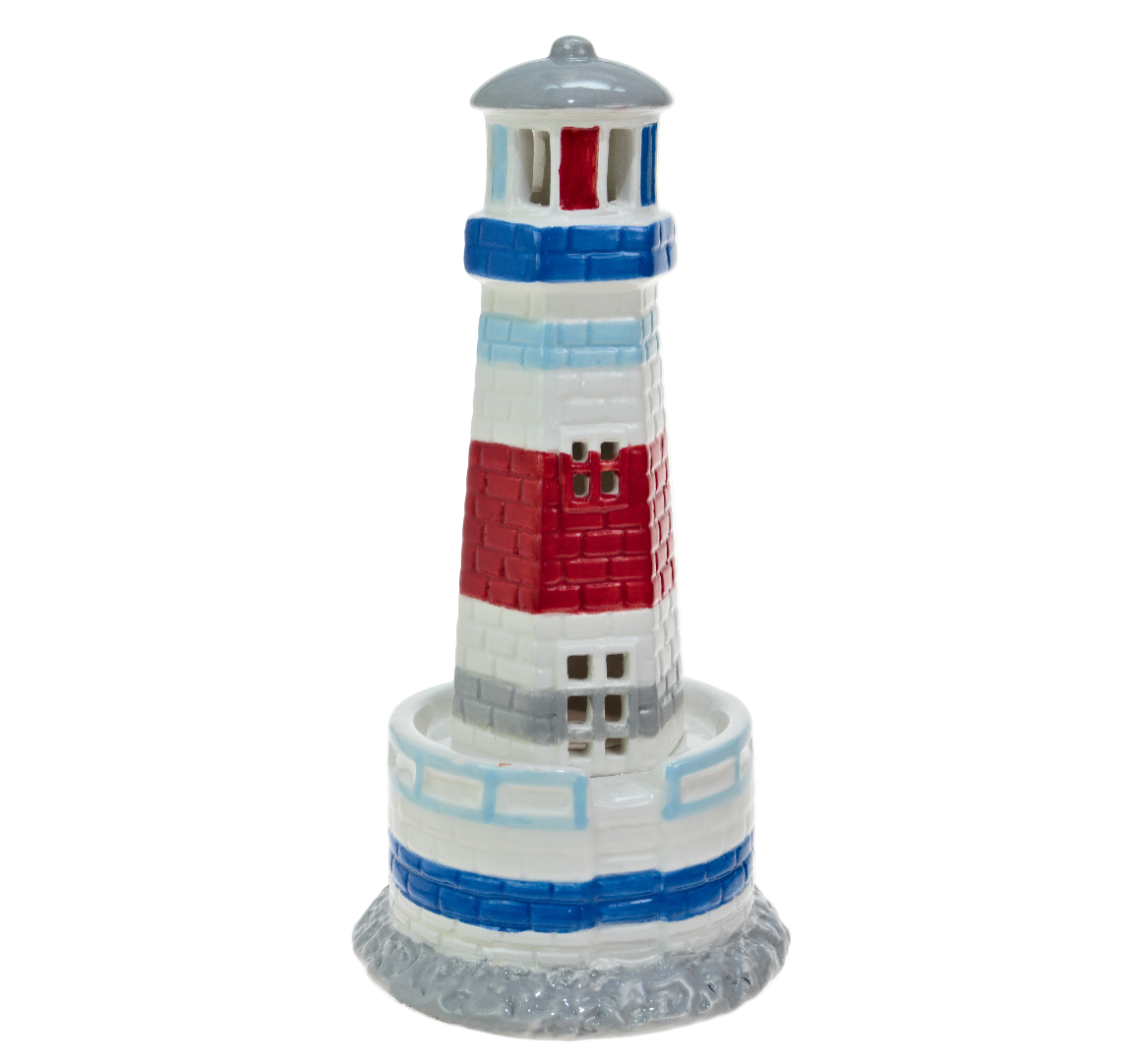 Decorative lighthouse model with red, white, and blue colors on a white background