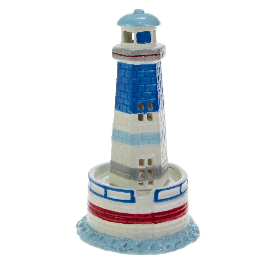 Decorative lighthouse figurine with blue, white, and red colors on a white background