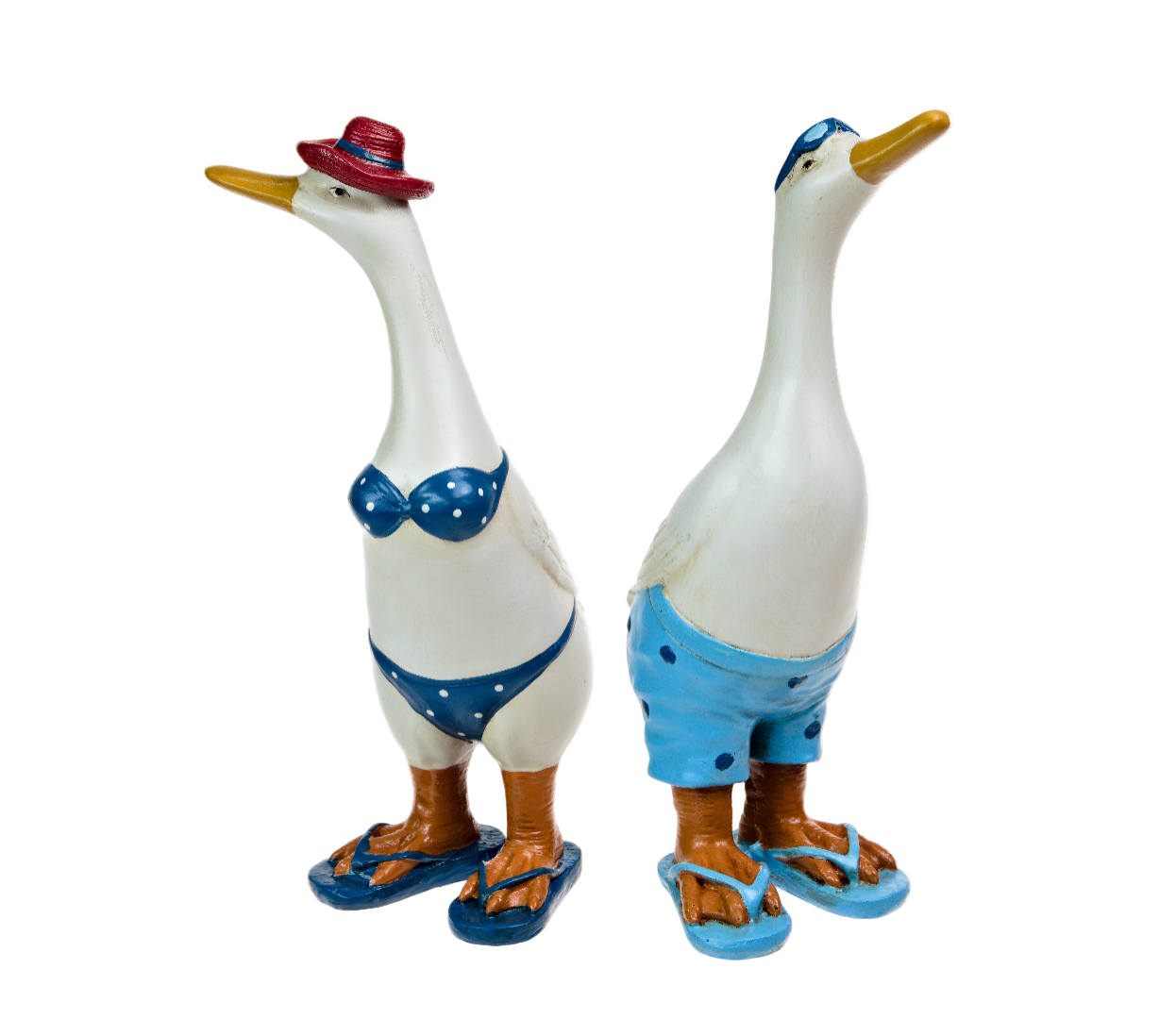Two decorative ducks wearing swimsuits and flip-flops on a white background