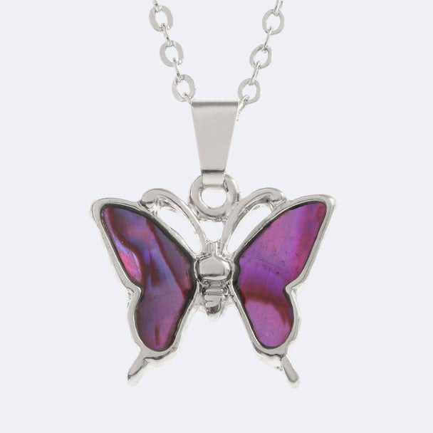 A silver-colored necklace with a pink paua shell pendant in the shape of a butterfly, displayed against a white background.