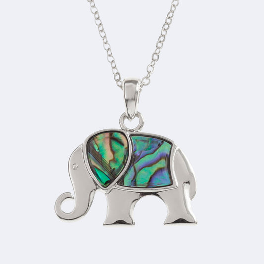 Stylised elephant necklace with a natural Paua shell pendant on a trace chain, presented on a white background.