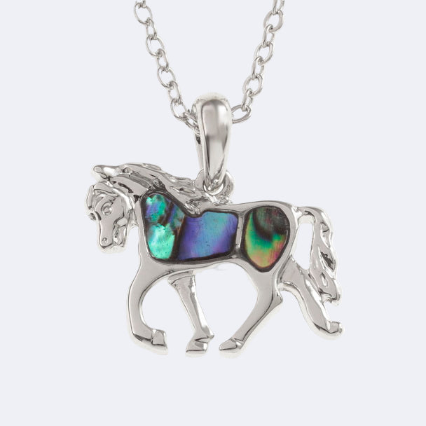 A horse necklace with a natural Paua shell pendant on a trace chain, presented in a silver color.