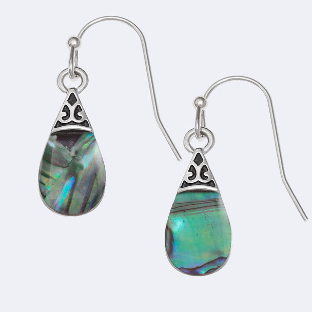 A pair of hook earrings featuring natural Paua shell in a pear drop design.