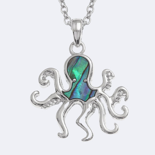 Silver-colored octopus necklace with a paua shell pendant on a trace chain.