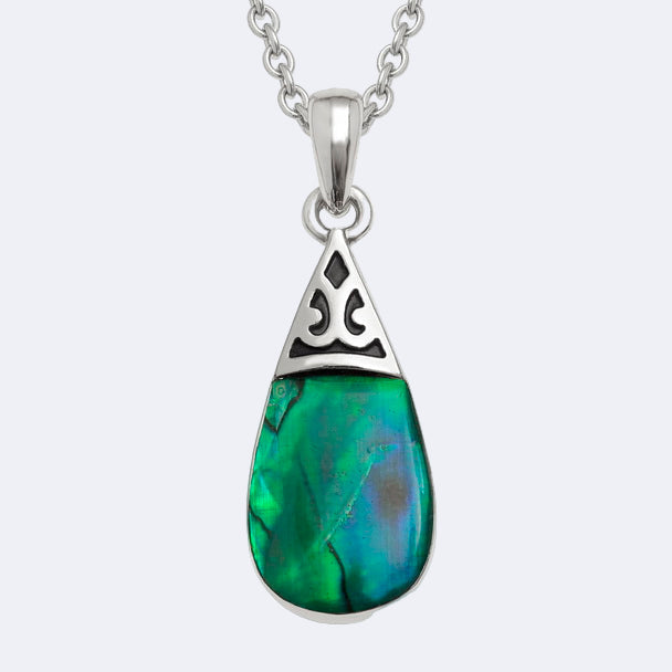A pear drop necklace with a Green Paua shell pendant, set on a silver chain with a clasp, displayed against a white background.