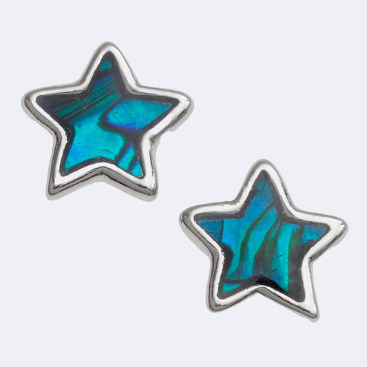 A pair of star-shaped stud earrings with blue paua shell inlays, presented against a white background.