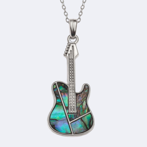 A silver-colored guitar-shaped necklace with a natural Paua shell pendant on a chain.