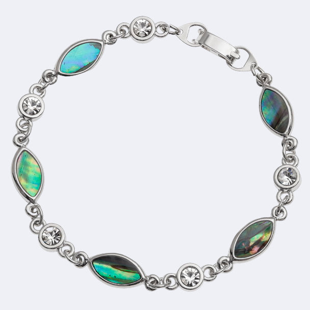 A bracelet with oval sections featuring natural Paua shell and inset glass stones, with rhodium plating.