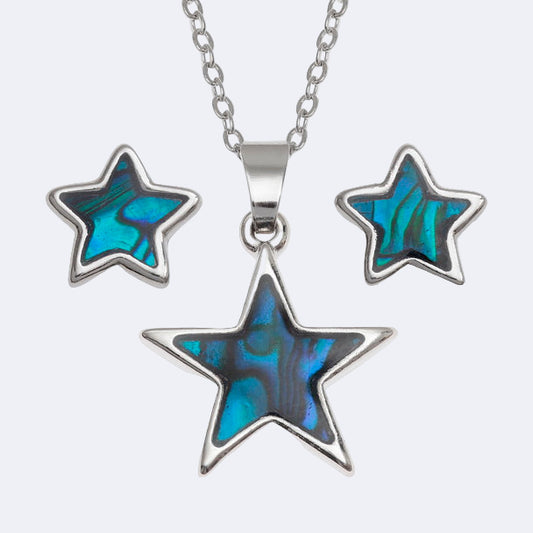 A set consisting of a star-shaped pendant necklace and a pair of stud earrings, featuring blue Paua shell inlay, displayed on a chain with a clasp.