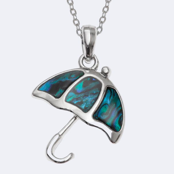 A silver-colored umbrella-shaped necklace with blue paua shell pendant, on a chain with a clasp.