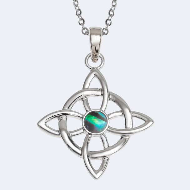 A silver Celtic knot necklace with a round Paua shell pendant in the center, presented on a trace chain.