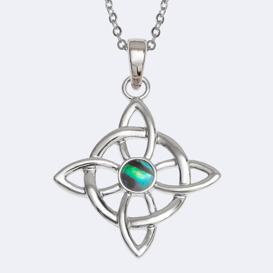 A silver Celtic knot necklace with a round Paua shell pendant in the center, presented on a trace chain.