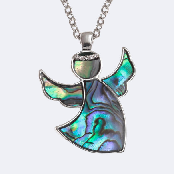 A necklace featuring a silver-tone chain and an angel-shaped pendant with multicolored shell-like material.