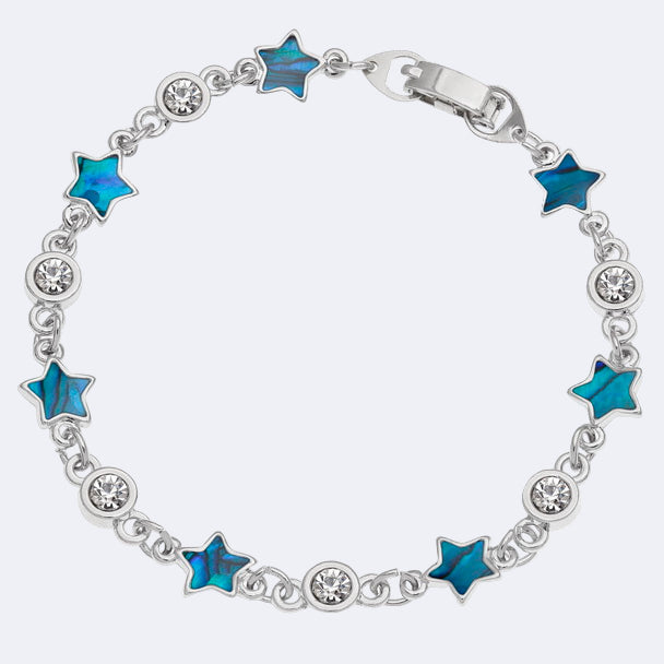 A bracelet with a chain of blue paua shell stars and inset glass stones, with a rhodium plating.