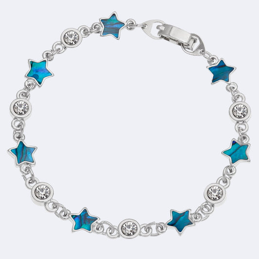 A bracelet with a chain of blue paua shell stars and inset glass stones, with a rhodium plating.