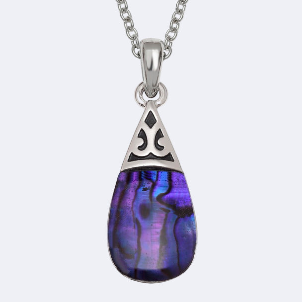 A pear drop necklace with a purple Paua shell pendant, attached to a silver-colored chain with a clasp, displayed against a white background.