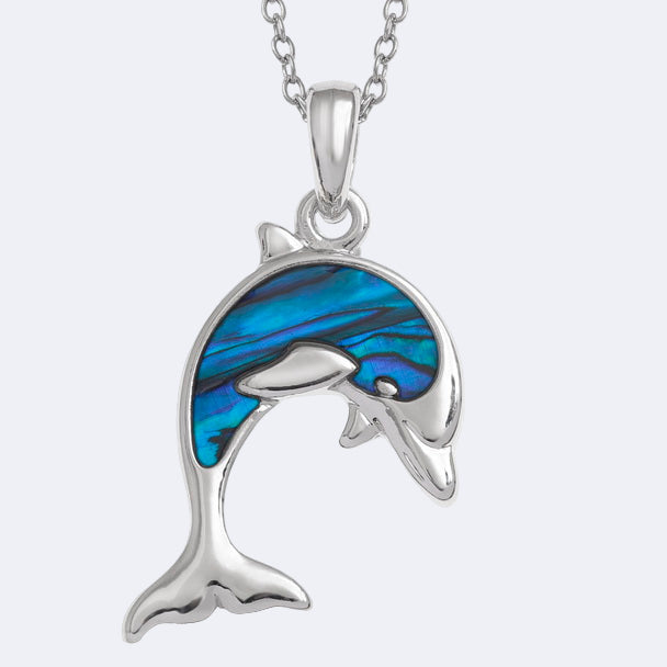 Silver-colored dolphin-shaped pendant necklace with blue paua shell inlay, on a chain.
