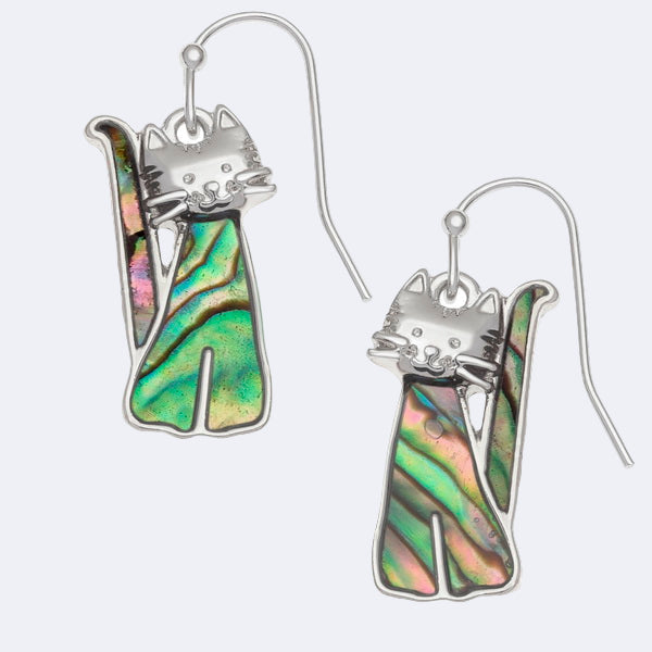 A pair of sitting cat hook earrings with natural Paua shell inlays, featuring a rhodium plating on silver metal.