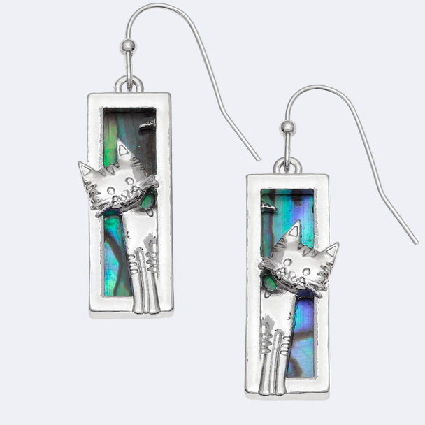 A pair of silver-colored hook earrings featuring a cat design with a natural Paua shell pattern.
