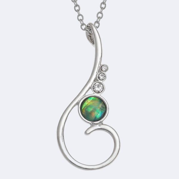 An elegant spiral necklace with a natural Paua shell pendant and inset glass stones, displayed on a trace chain.