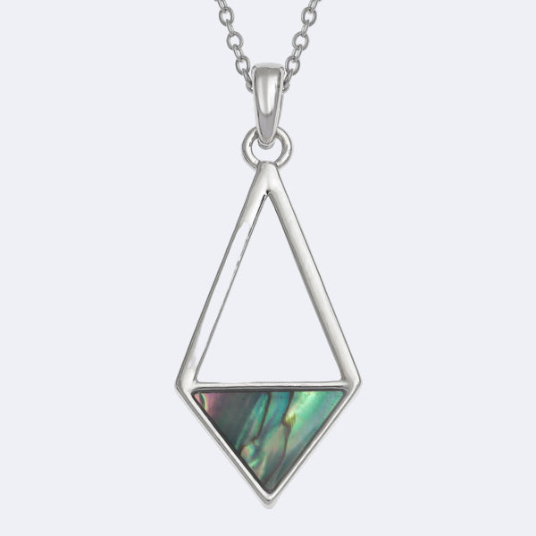 A silver geometric triangles necklace with a natural Paua shell pendant on a trace chain, presented in a Tide Jewellery box.