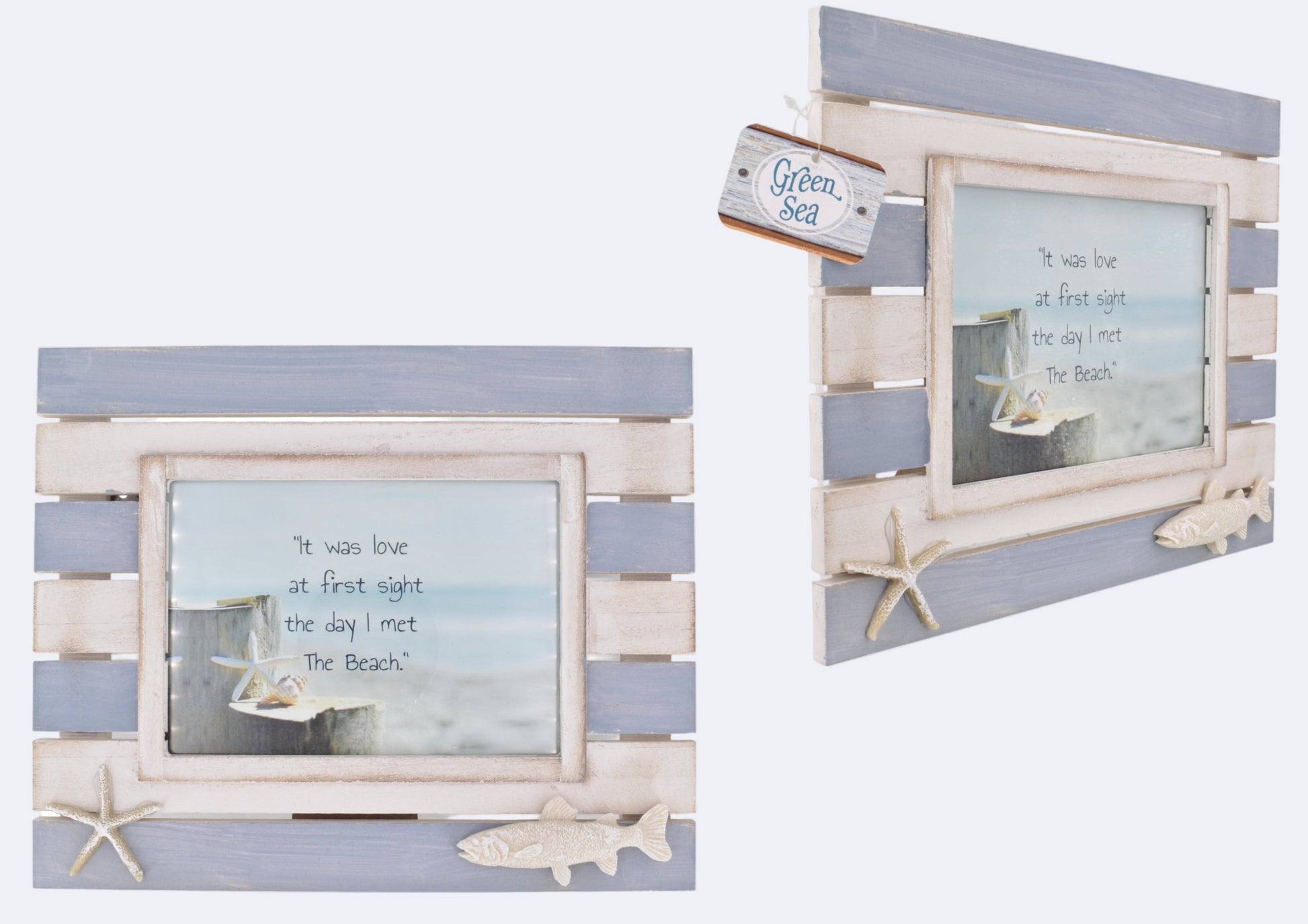 A photo frame with a wooden structure and a clear glass panel in the center displaying a beach scene. The frame has a tag with the text 'Green Sea' on it.