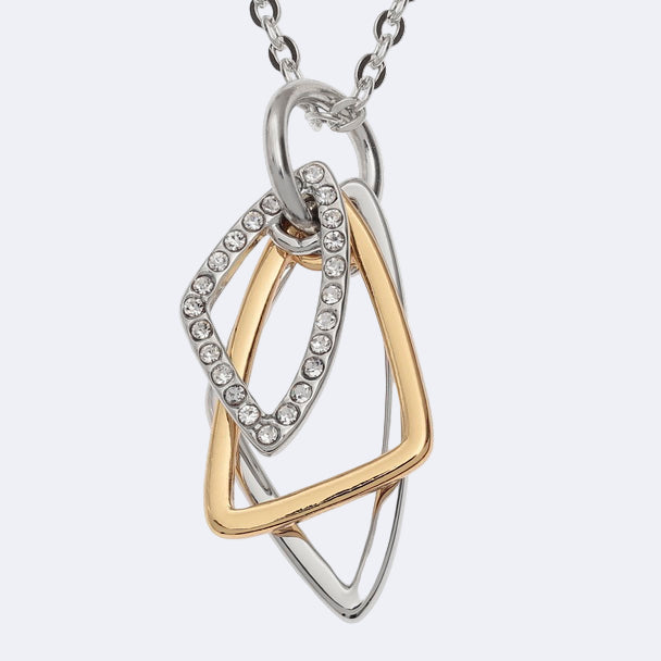 Two-tone necklace with interlocking rings on a white background