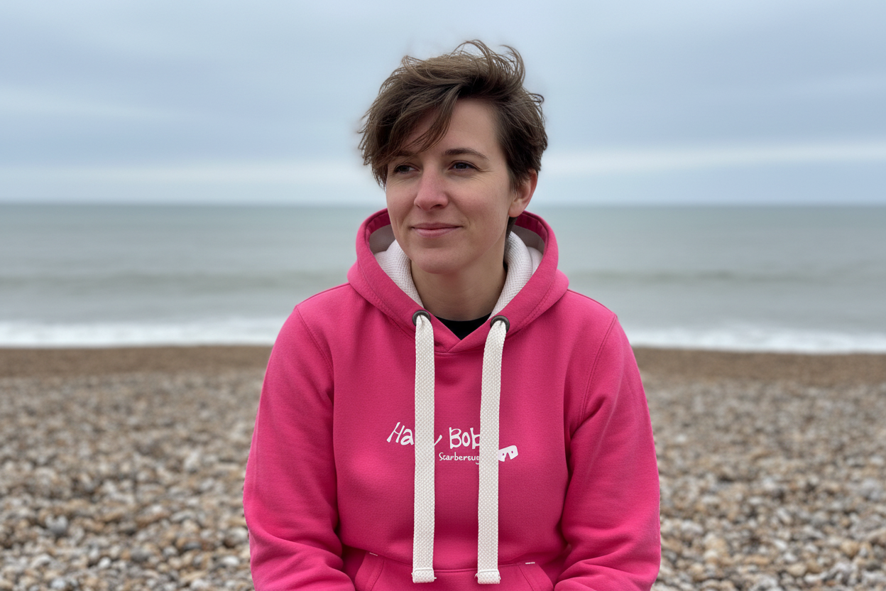 Beach lifestyle shot - Pink Hairy Bob's hoodie
