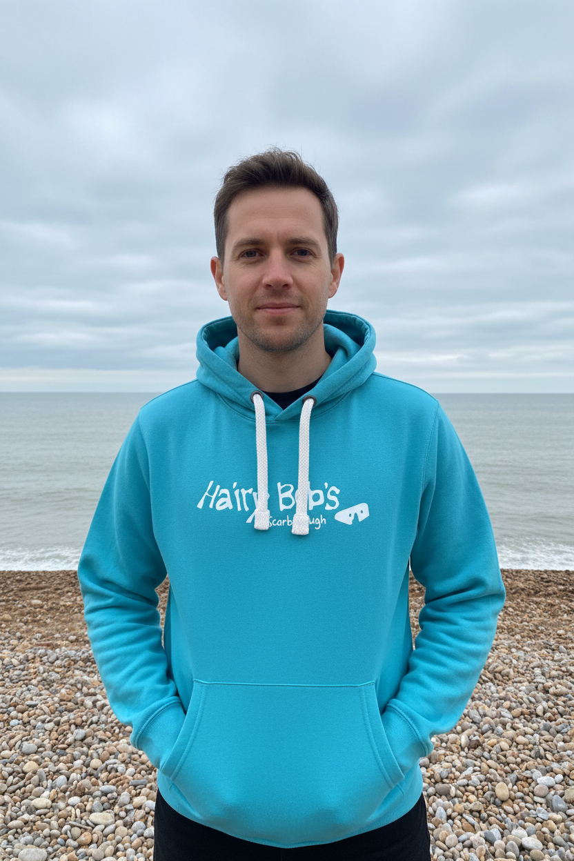 Caribbean Blue Hoodie – British Beach Lifestyle Shot