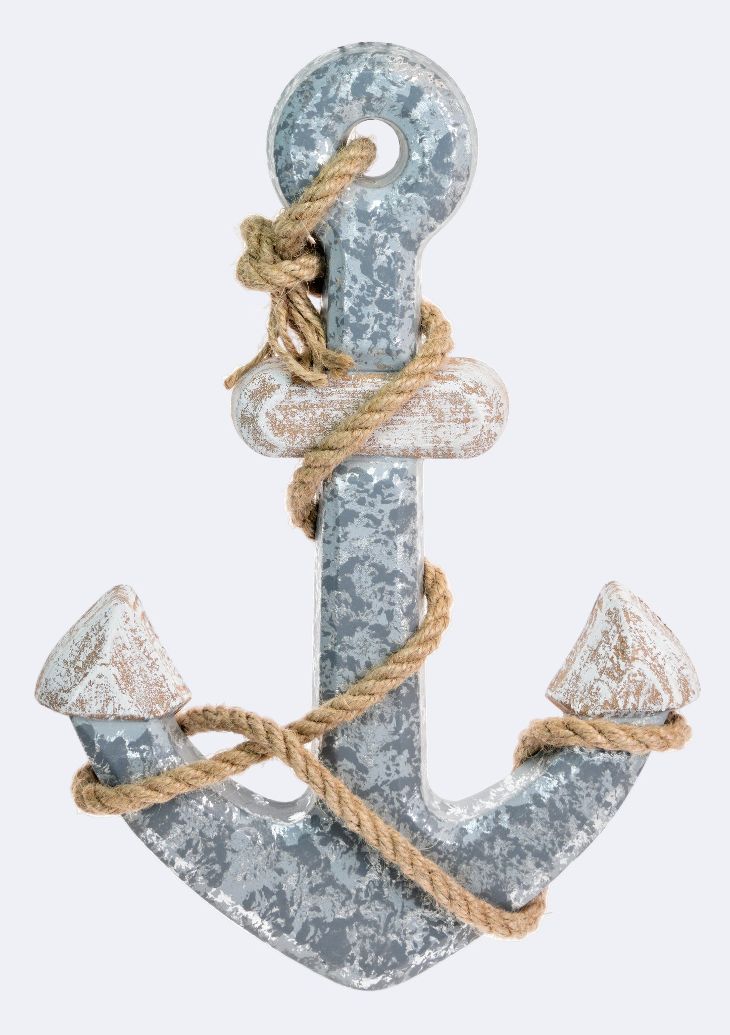 A decorative hanging anchor with a rope attached, primarily blue with white accents, against a white background