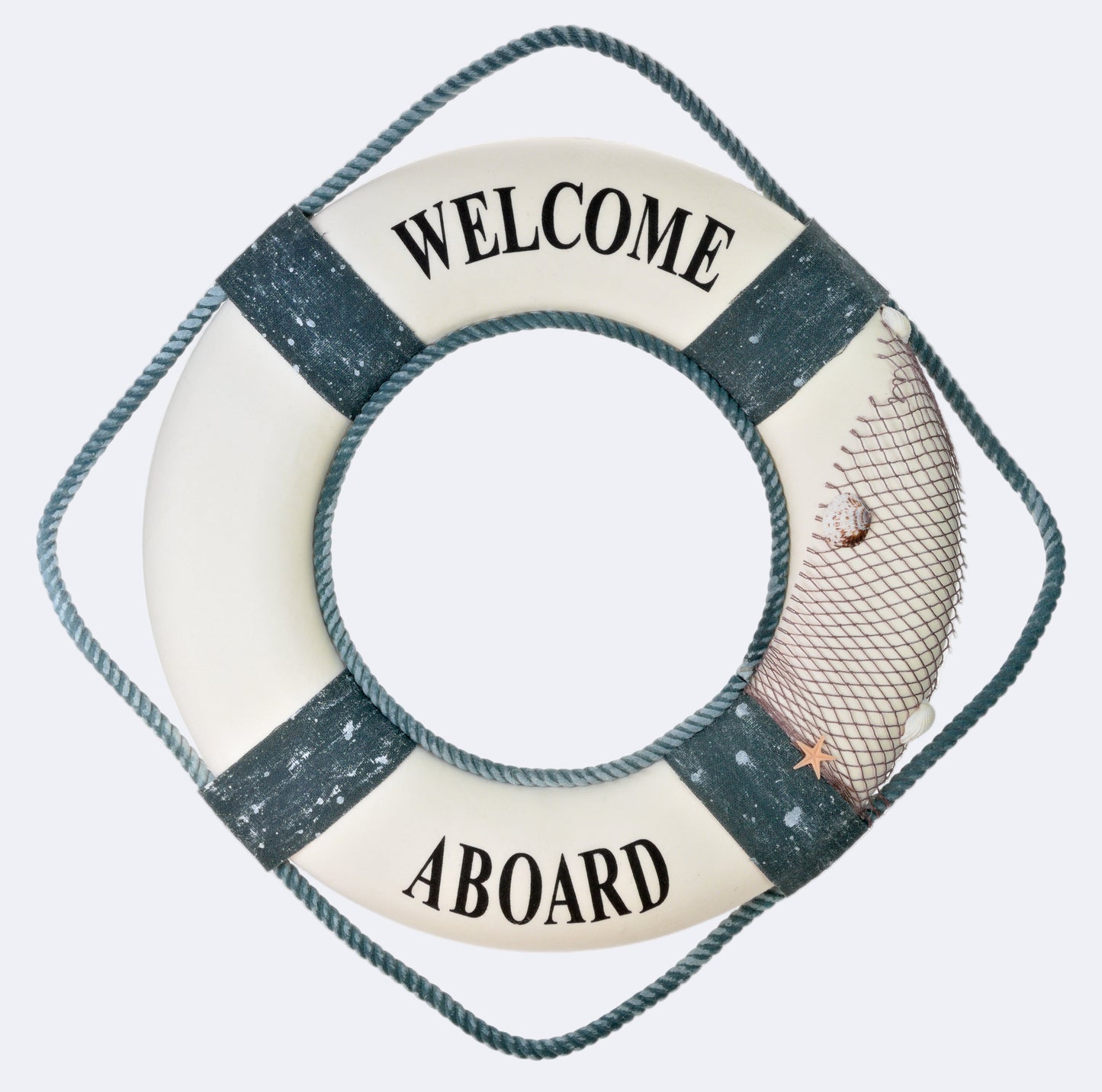 A decorative lifebuoy with a white ring and blue stripes, featuring the text 'WELCOME ABOARD' on it.
